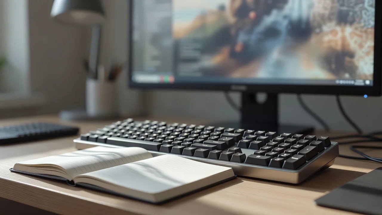 Close de teclado mecânico retroiluminado ao lado de caderno de anotações de código